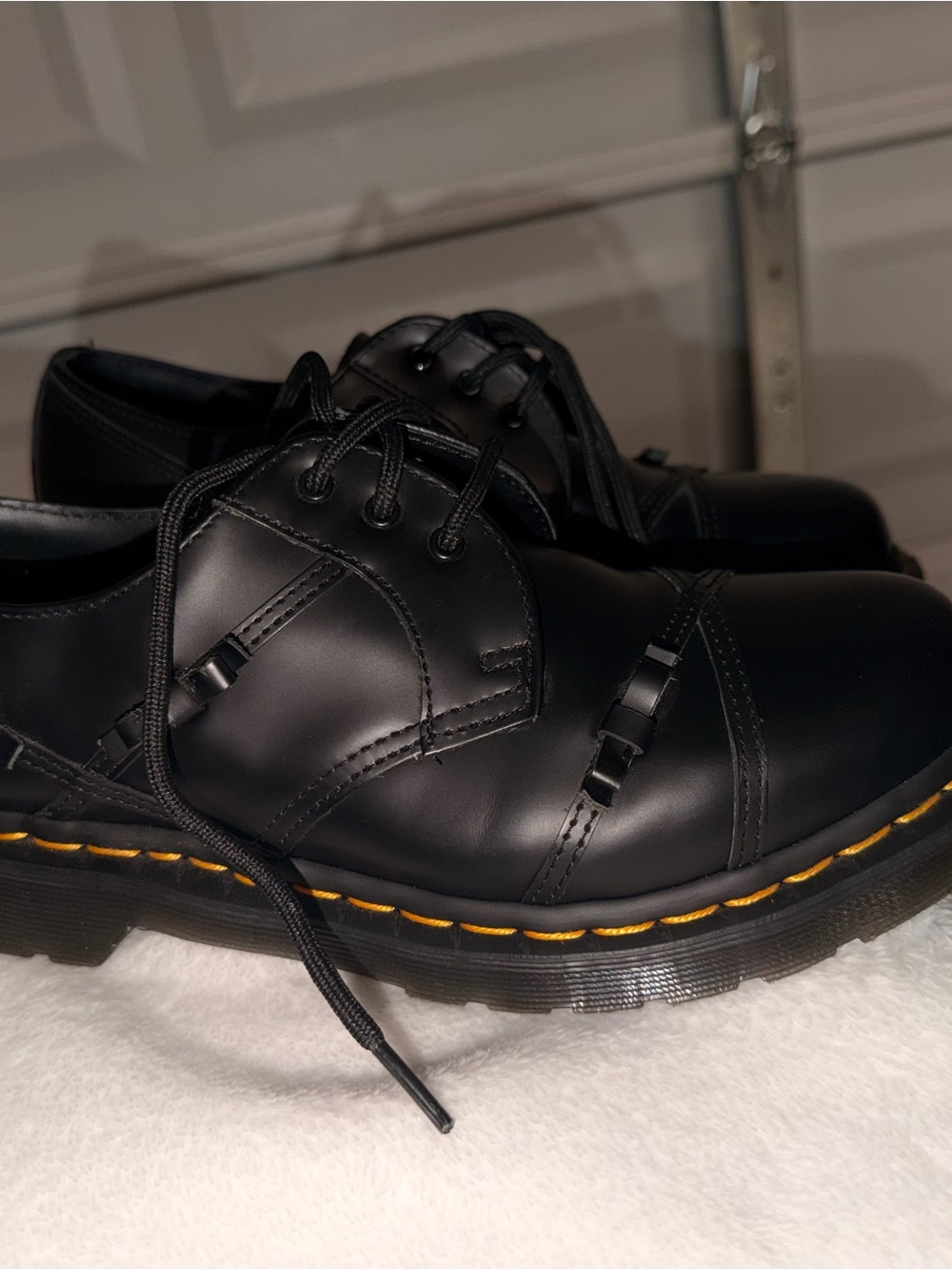 Dr. Martens Black Leather Lace-Up Oxfords with Yellow Stitching - Picture 6 of 8
